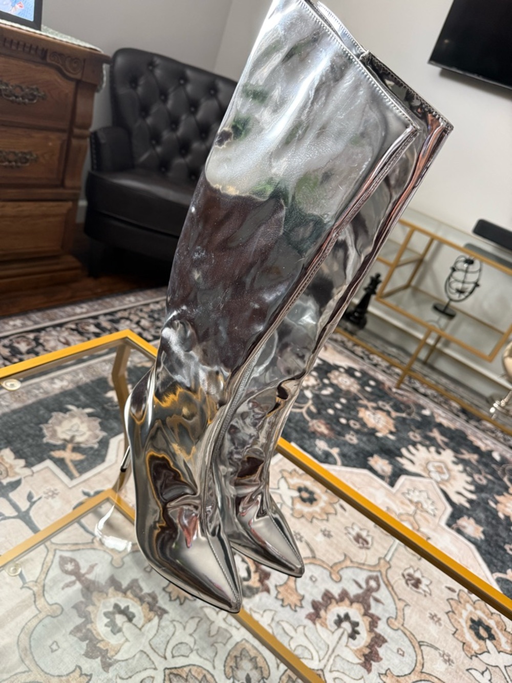 Metallic Silver Knee-High Pointed Toe Women's Boots